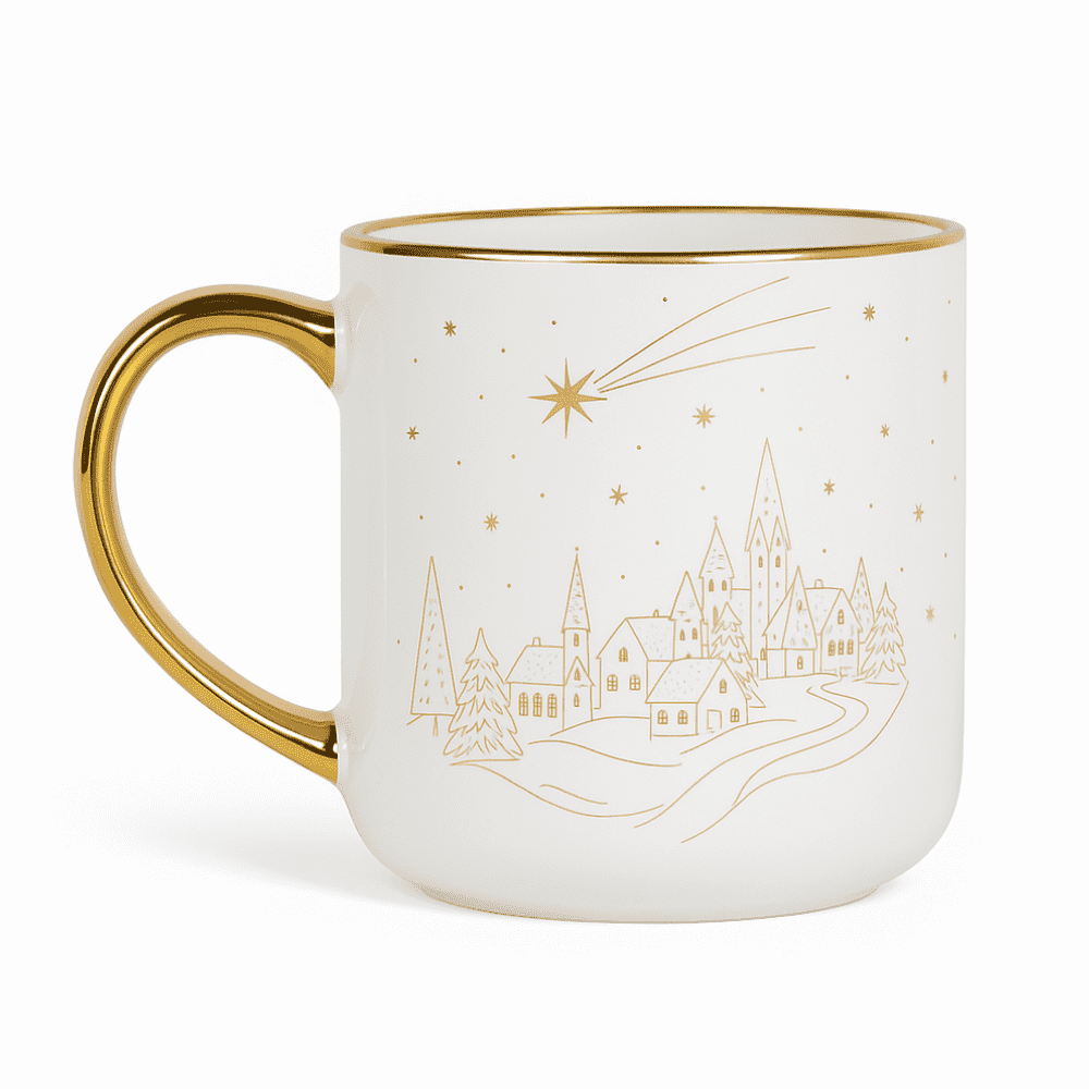 Biała porcelanowa filiżanka ze złotym uchem i złotym rantem, ozdobiona delikatnym złotym rysunkiem zimowej wioski pod rozgwieżdżonym niebem z kometą